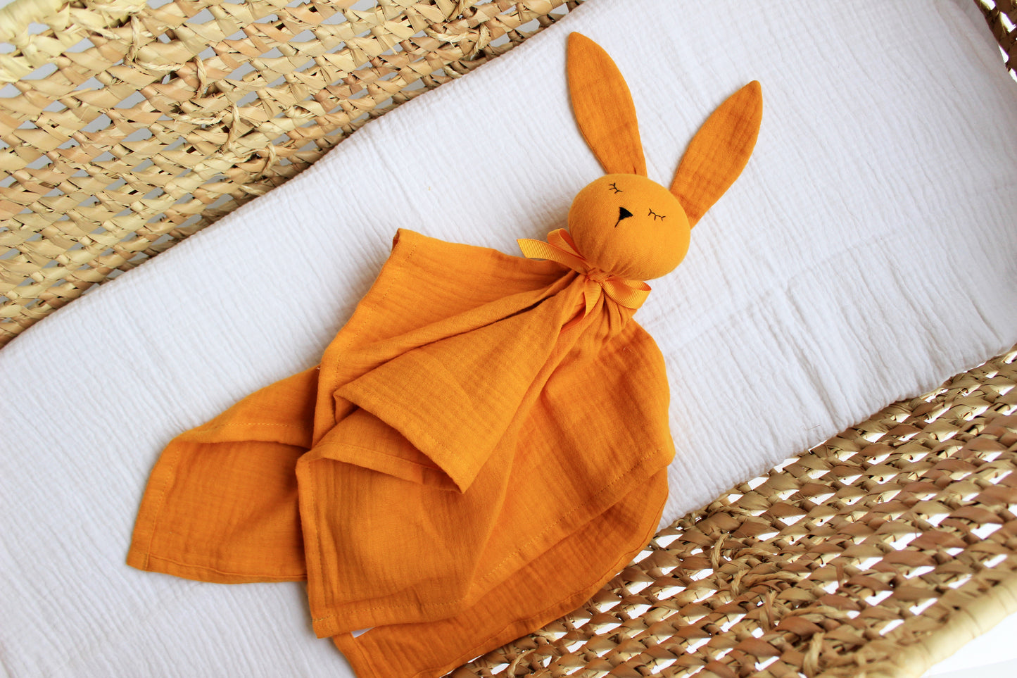 Muslin Baby comforter, Organic baby lovey, Personalized Bunny toy in mustard