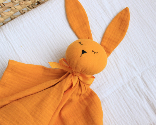 Muslin Baby comforter, Organic baby lovey, Personalized Bunny toy in mustard