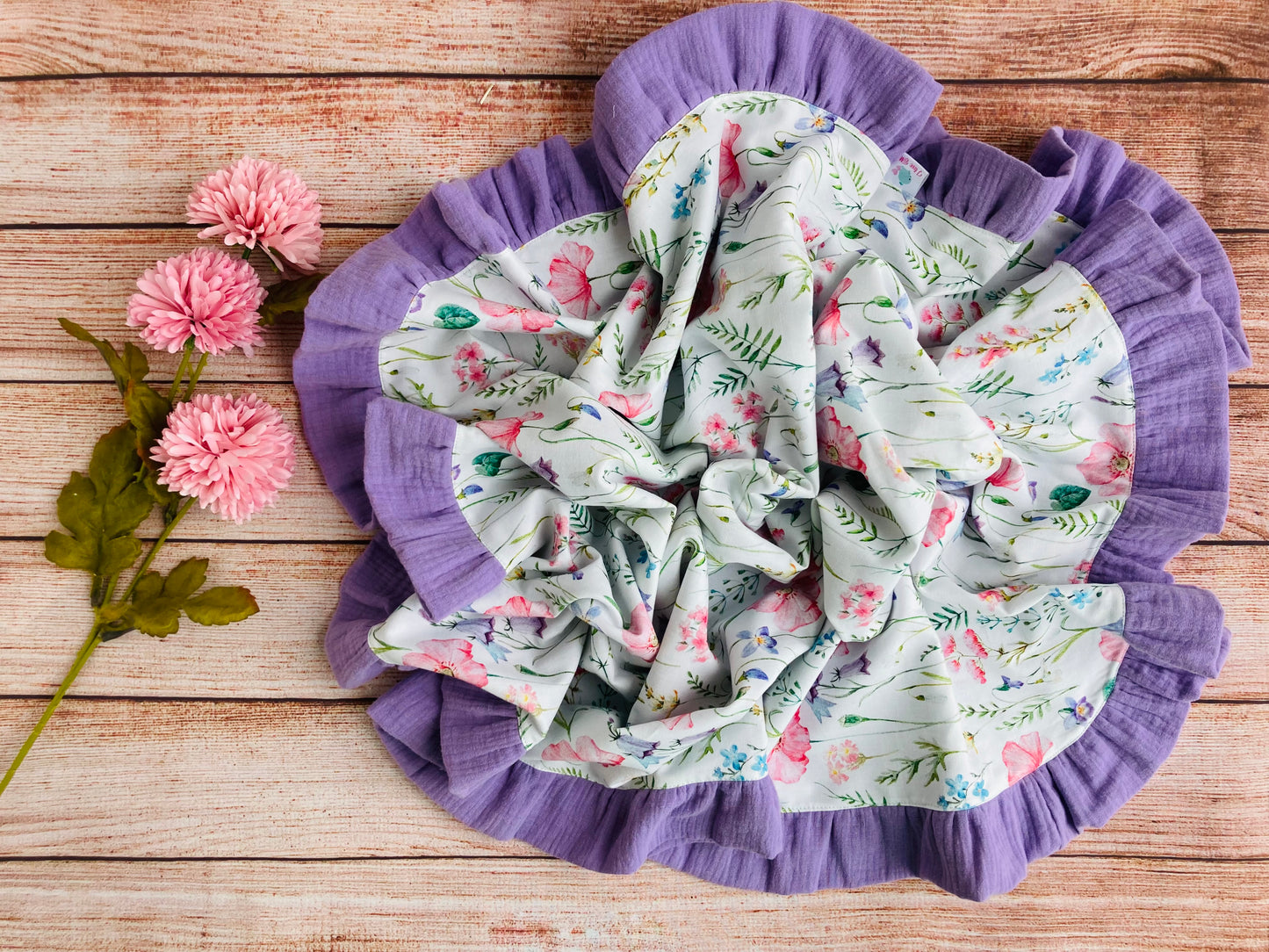 2 layer Muslin baby blanket with ruffles -  Meadows and lavender