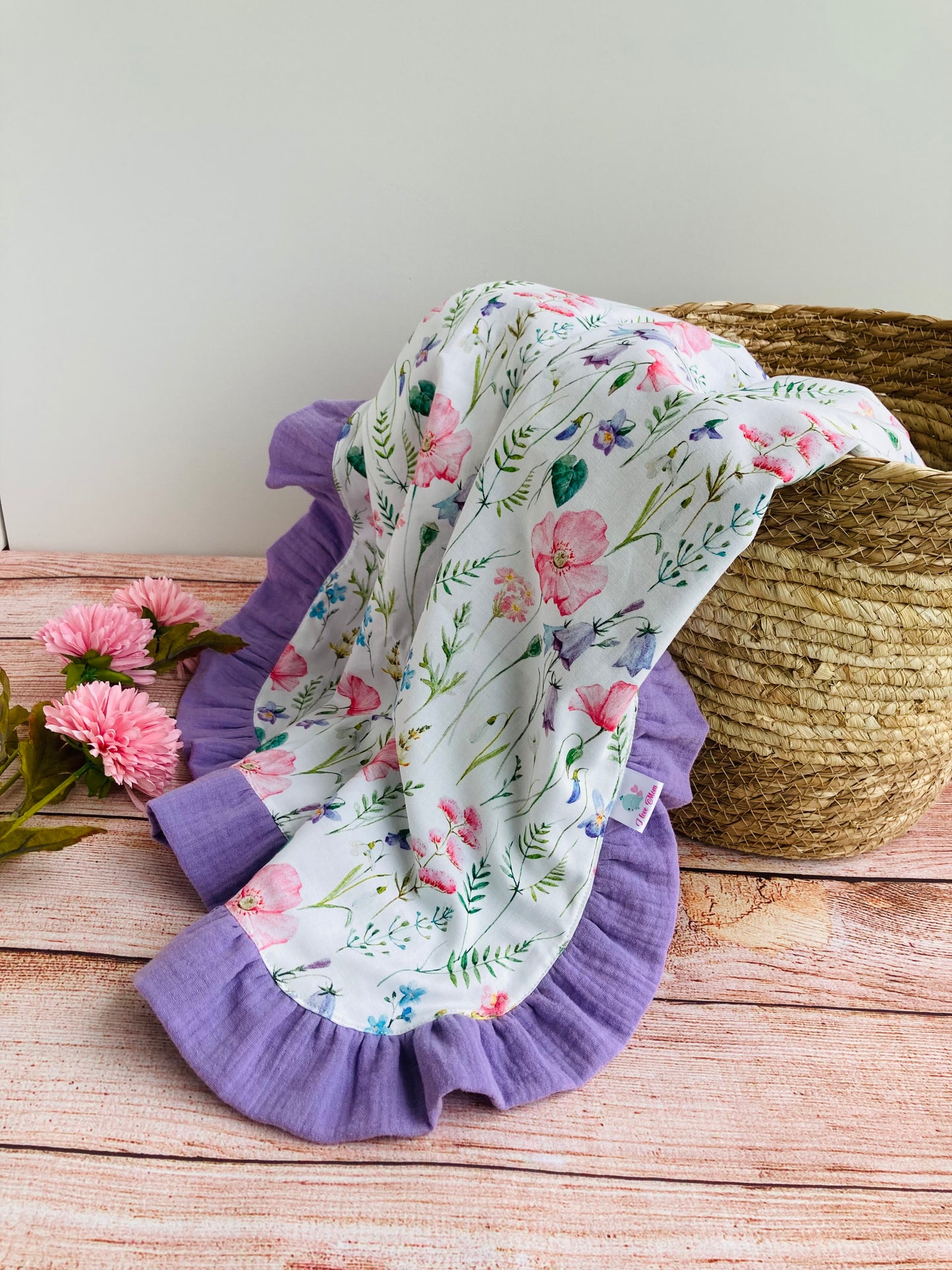 2 layer Muslin baby blanket with ruffles -  Meadows and lavender