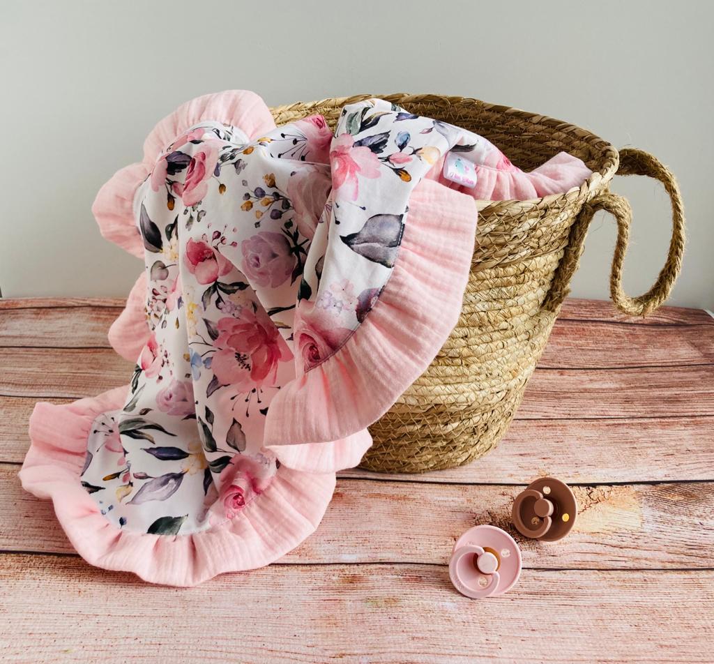 2 layer Muslin baby blanket with ruffles -  Pastel flowers on light pink
