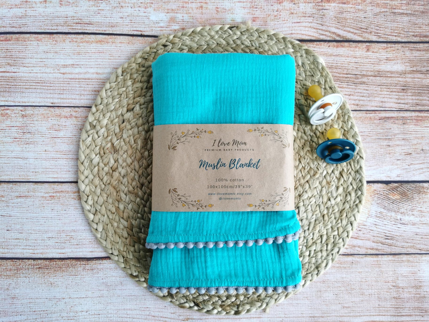 Organic Cotton muslin Pom Pom swaddle blanket - Sky Blue