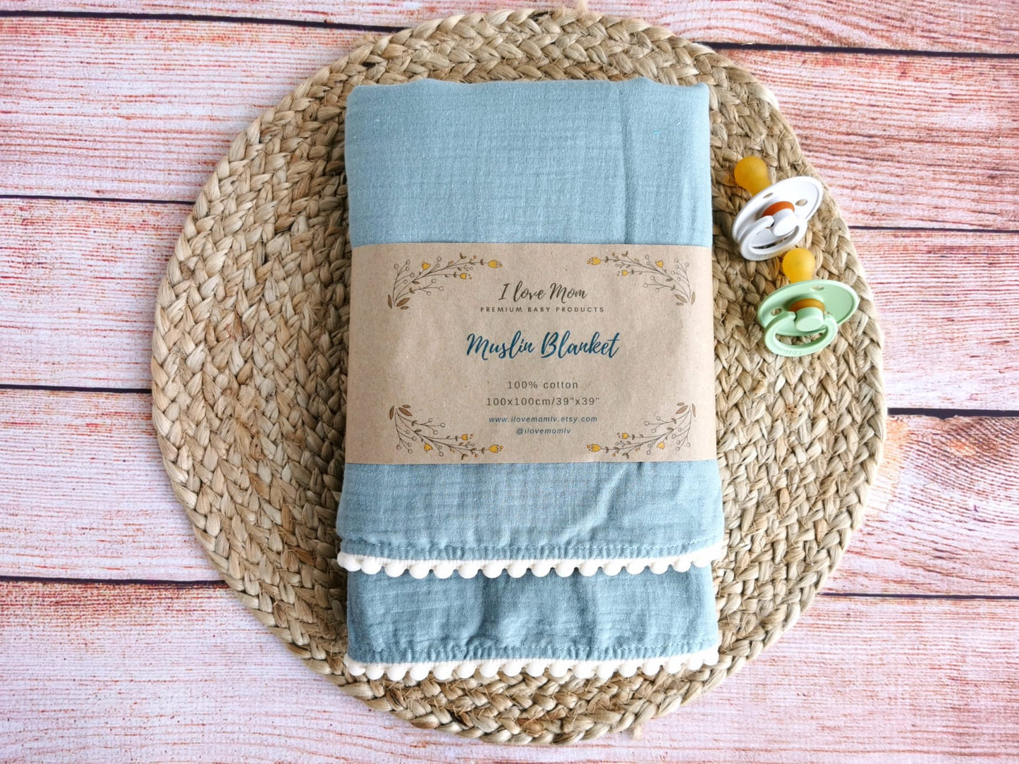 Organic Cotton muslin Pom Pom swaddle blanket - Sage