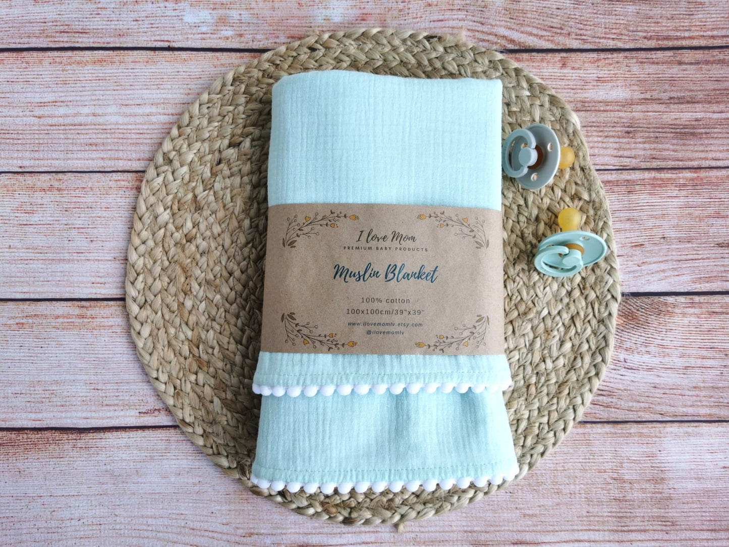 Organic Cotton muslin Pom Pom swaddle blanket - Mint