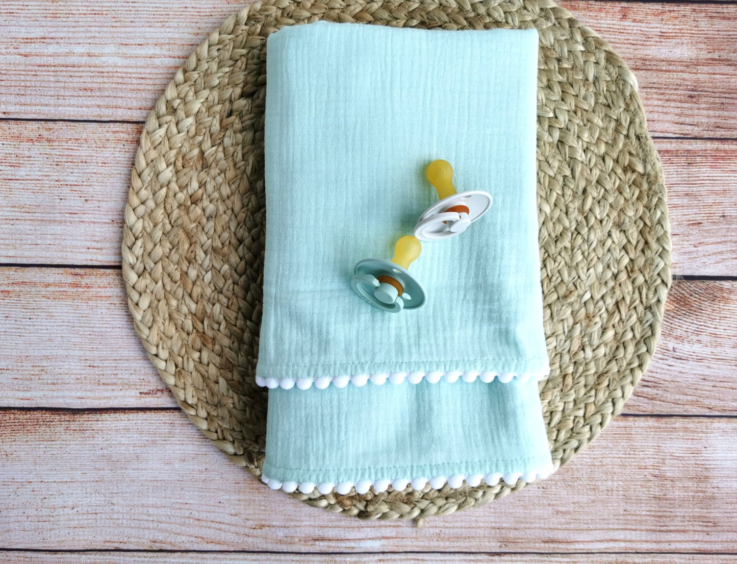 Organic Cotton muslin Pom Pom swaddle blanket - Mint