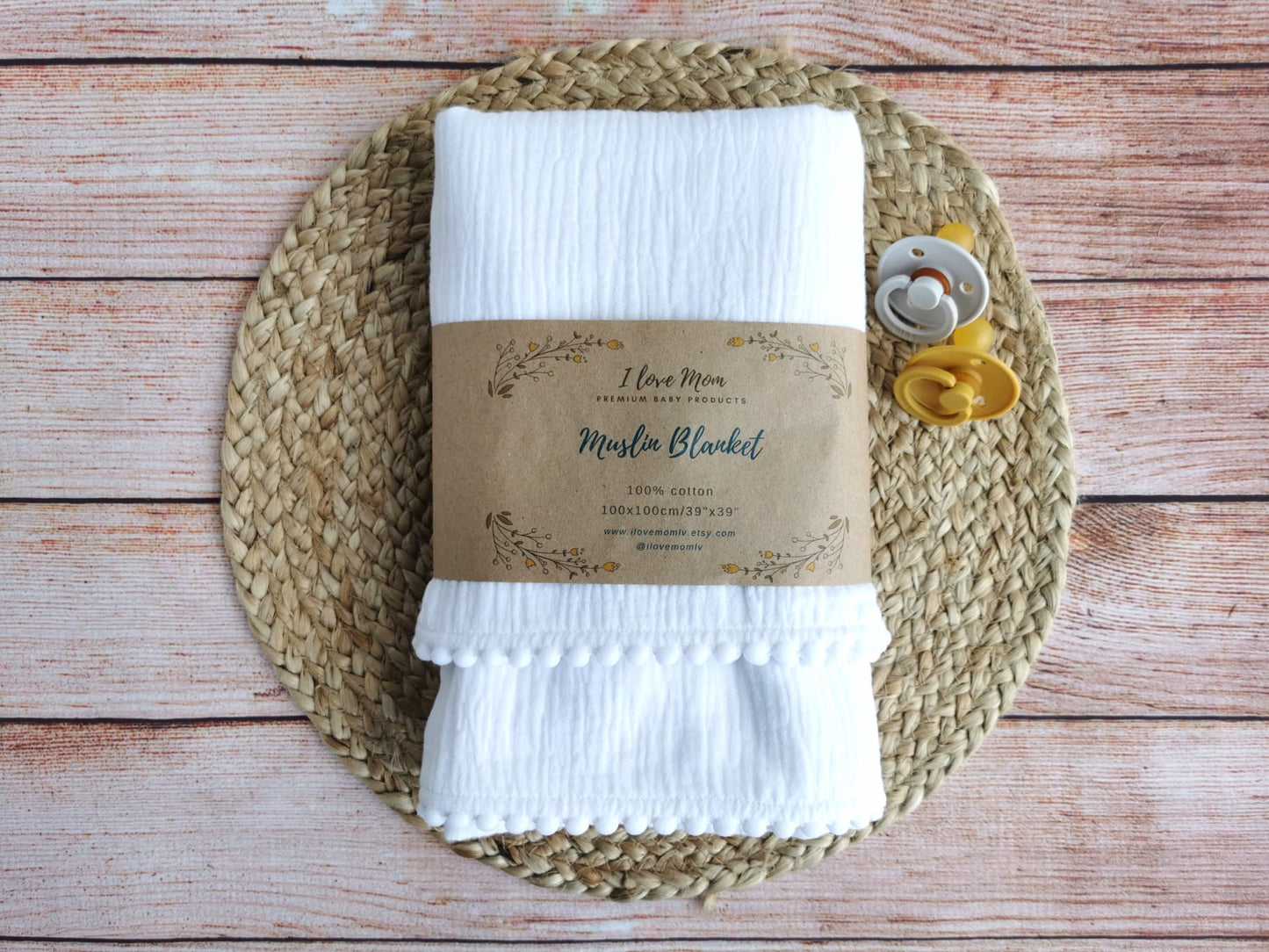 Organic Cotton muslin Pom Pom swaddle blanket - Snow white