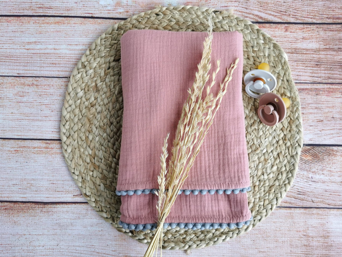 Organic Cotton muslin Pom Pom swaddle blanket - Old Pink