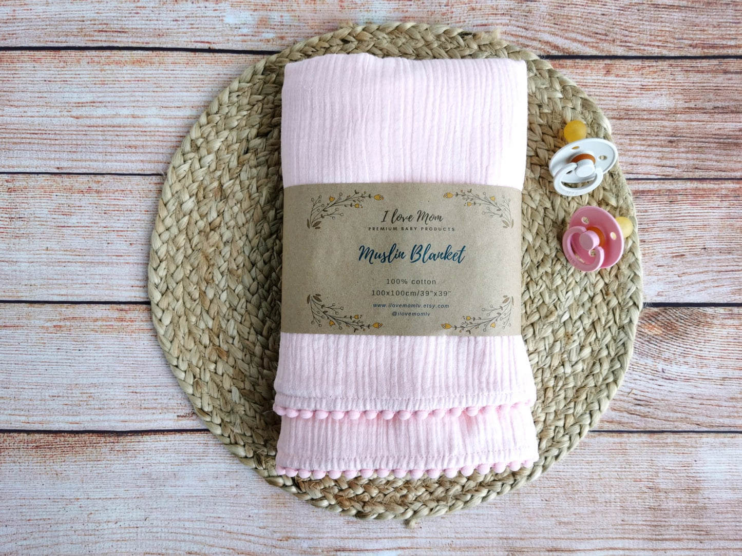 Organic Cotton muslin Pom Pom swaddle blanket - Light pink