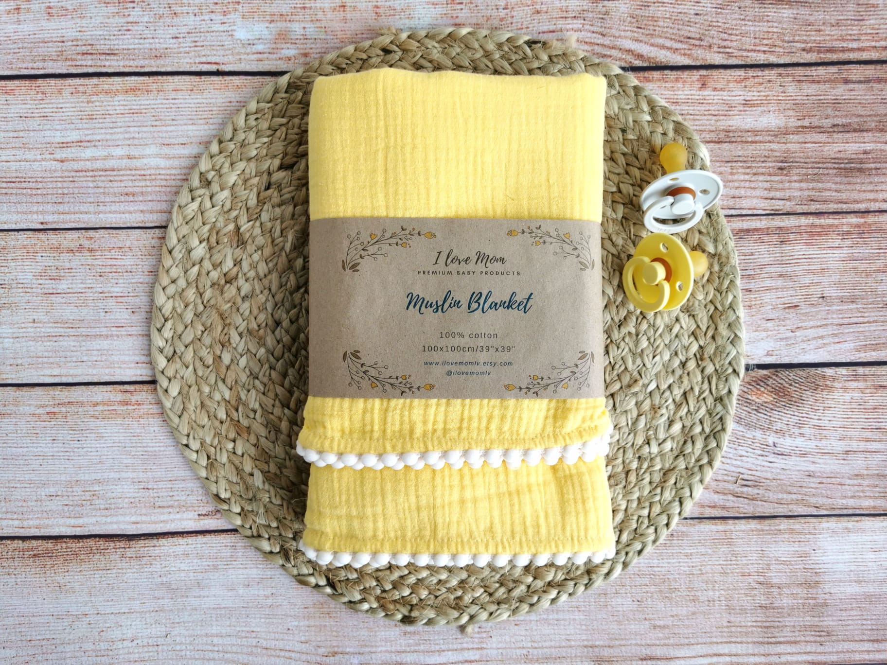 Organic Cotton muslin Pom Pom swaddle blanket Yellow Pastel Baby