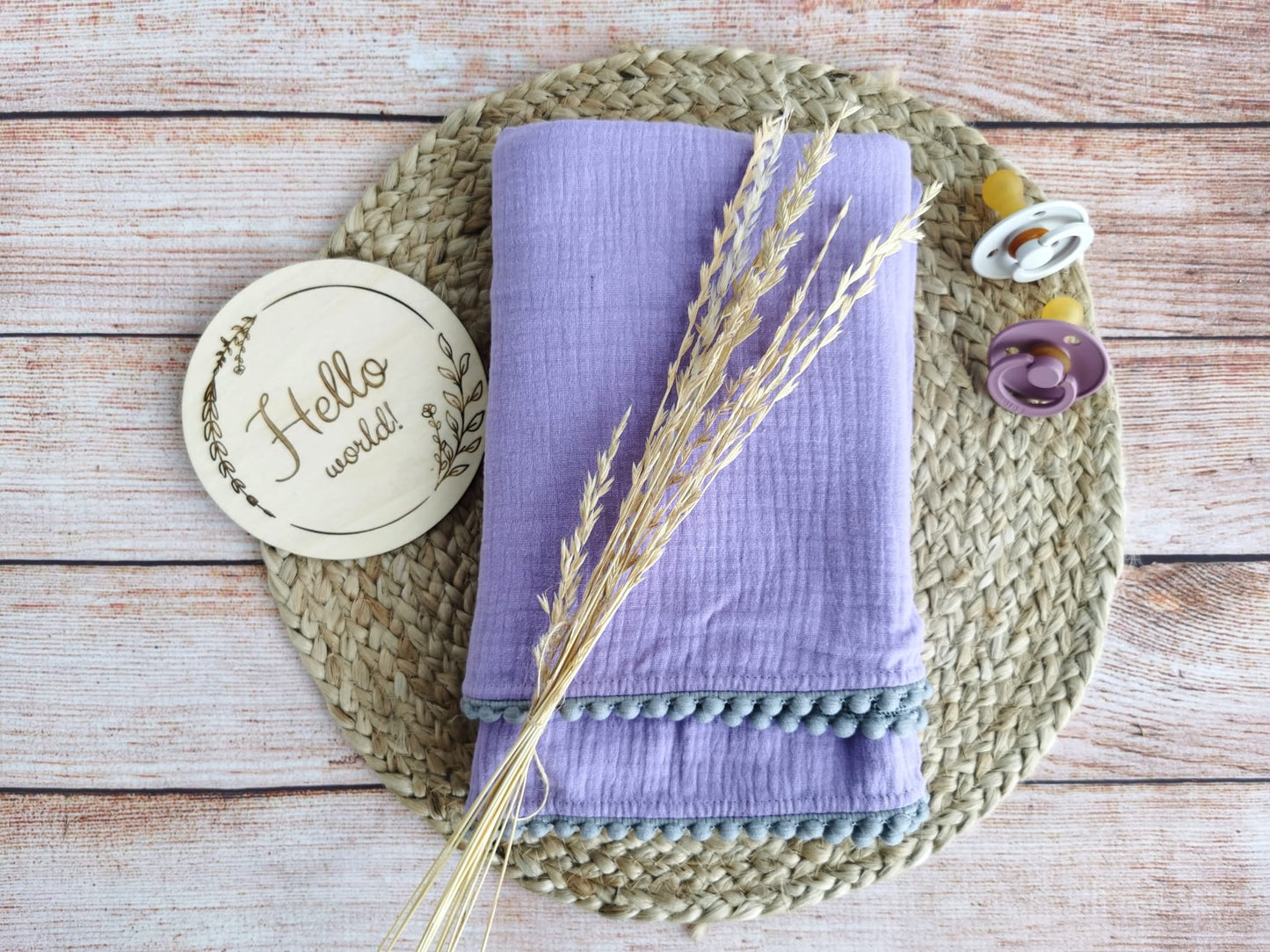 Organic Cotton muslin Pom Pom swaddle blanket - Bright lavender