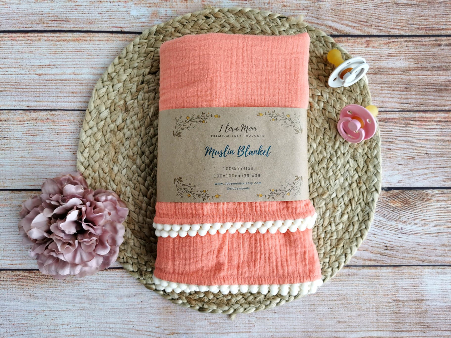 Organic Cotton muslin Pom Pom swaddle blanket - Peach
