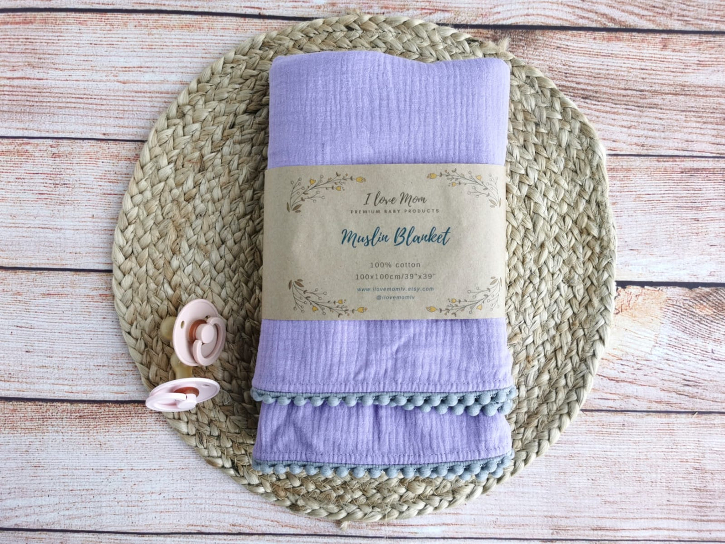 Organic Cotton muslin Pom Pom swaddle blanket - Bright lavender