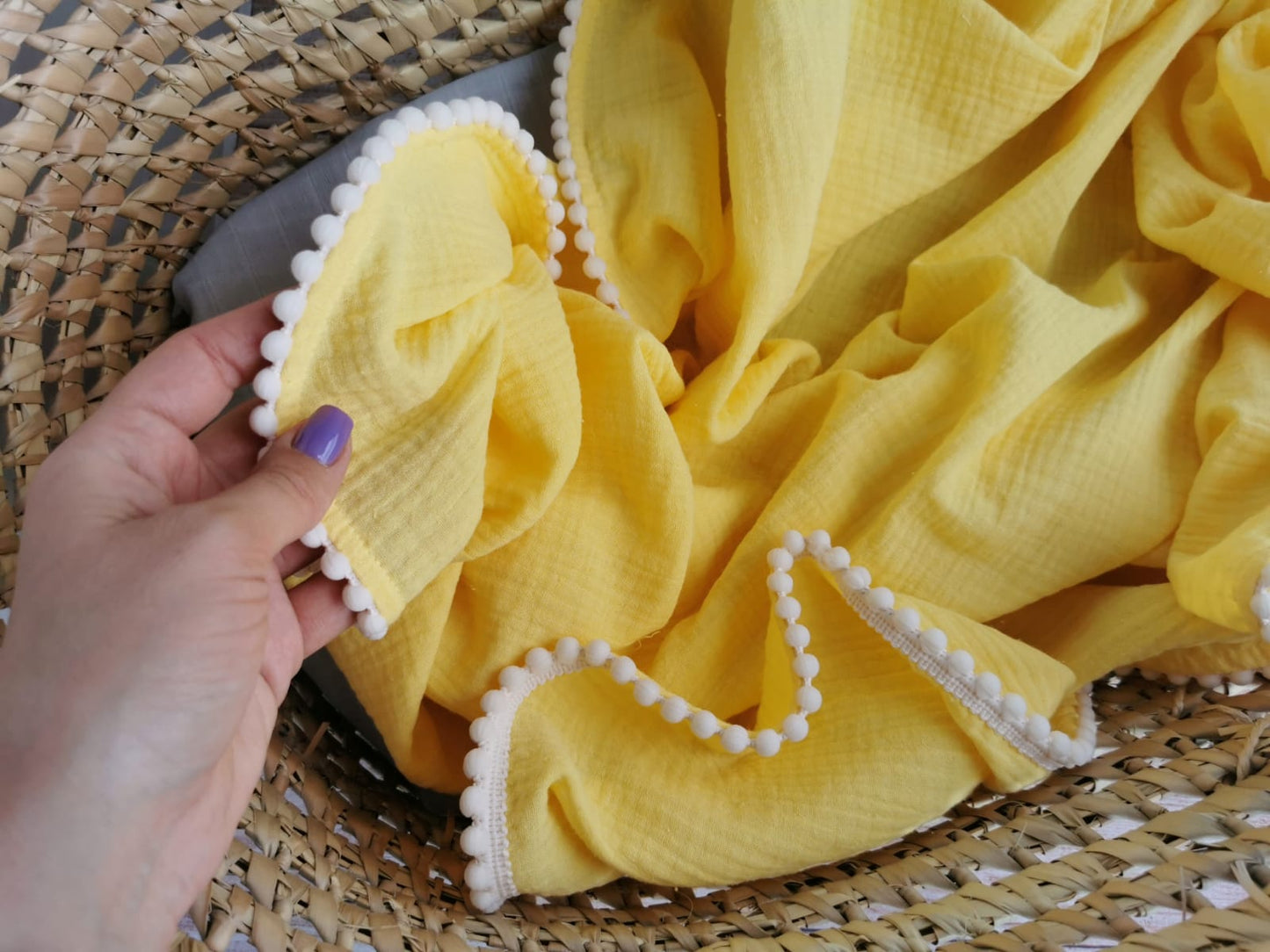 Organic Cotton muslin Pom Pom swaddle blanket - Yellow