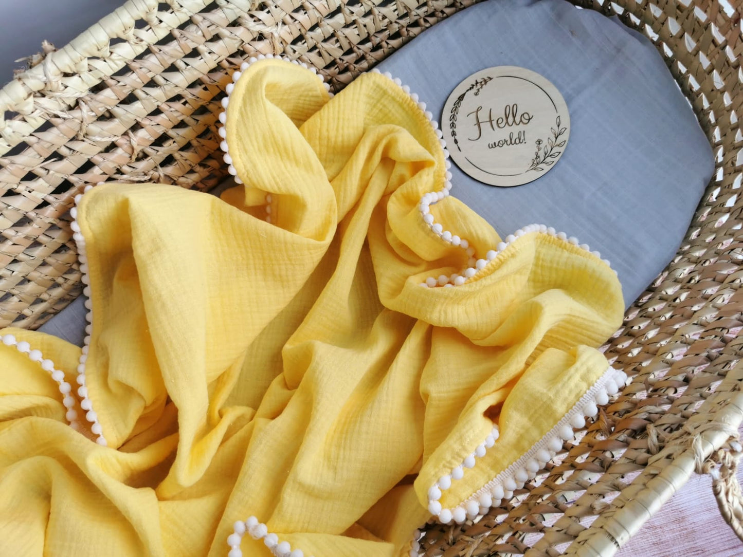 Organic Cotton muslin Pom Pom swaddle blanket - Yellow