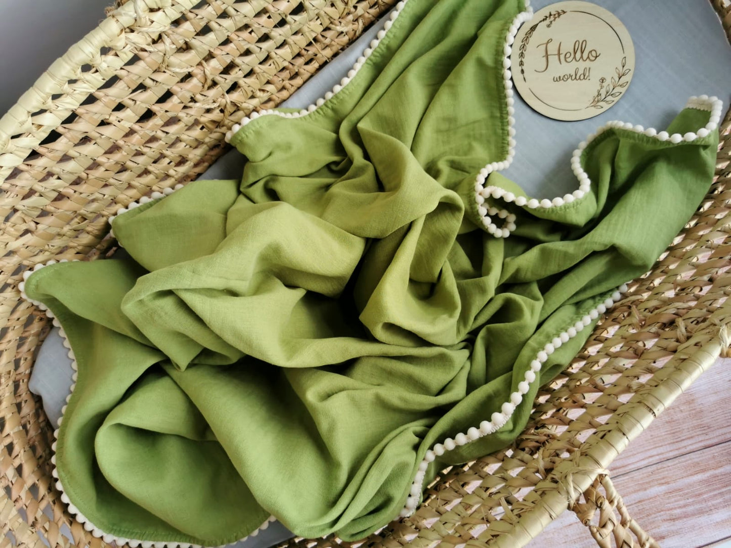 Organic Cotton muslin Pom Pom swaddle blanket - Olive