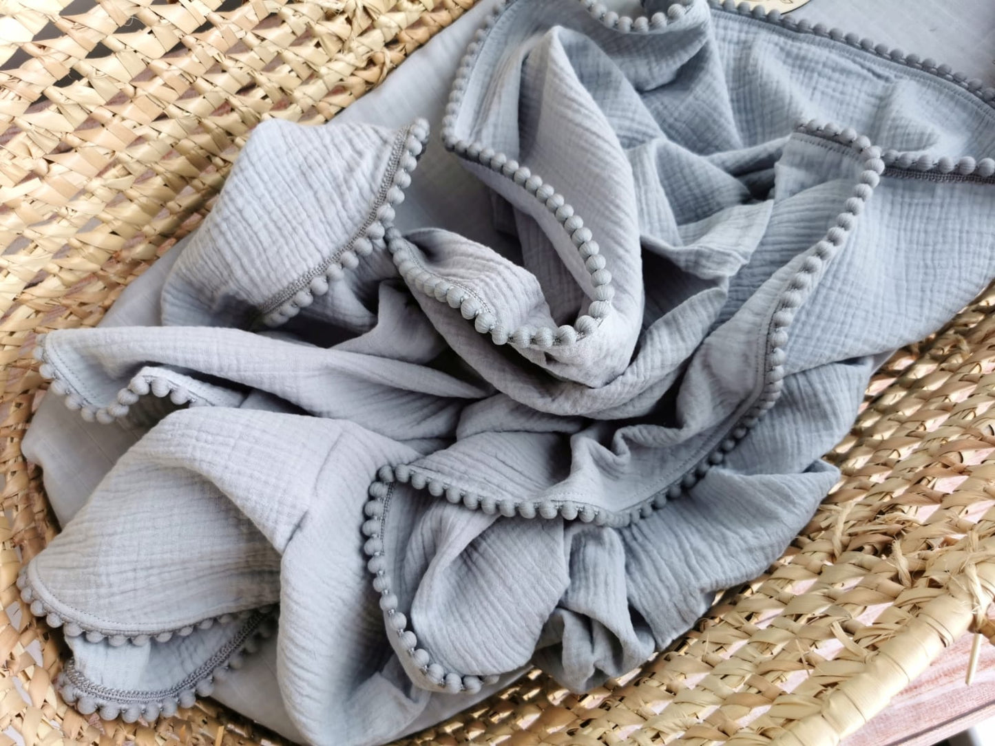 Organic Cotton muslin Pom Pom swaddle blanket - Light grey