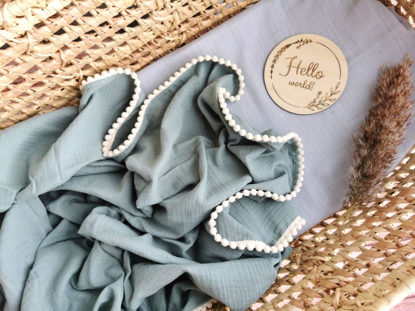 Organic Cotton muslin Pom Pom swaddle blanket - Sage