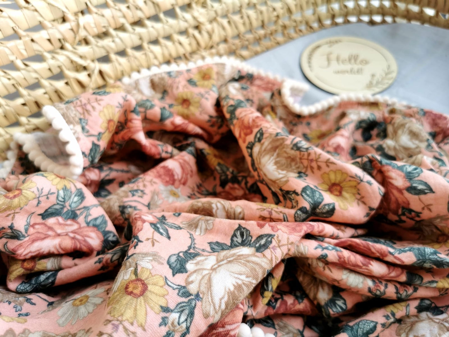 Organic Cotton muslin Pom Pom swaddle blanket - Dark peach flowers