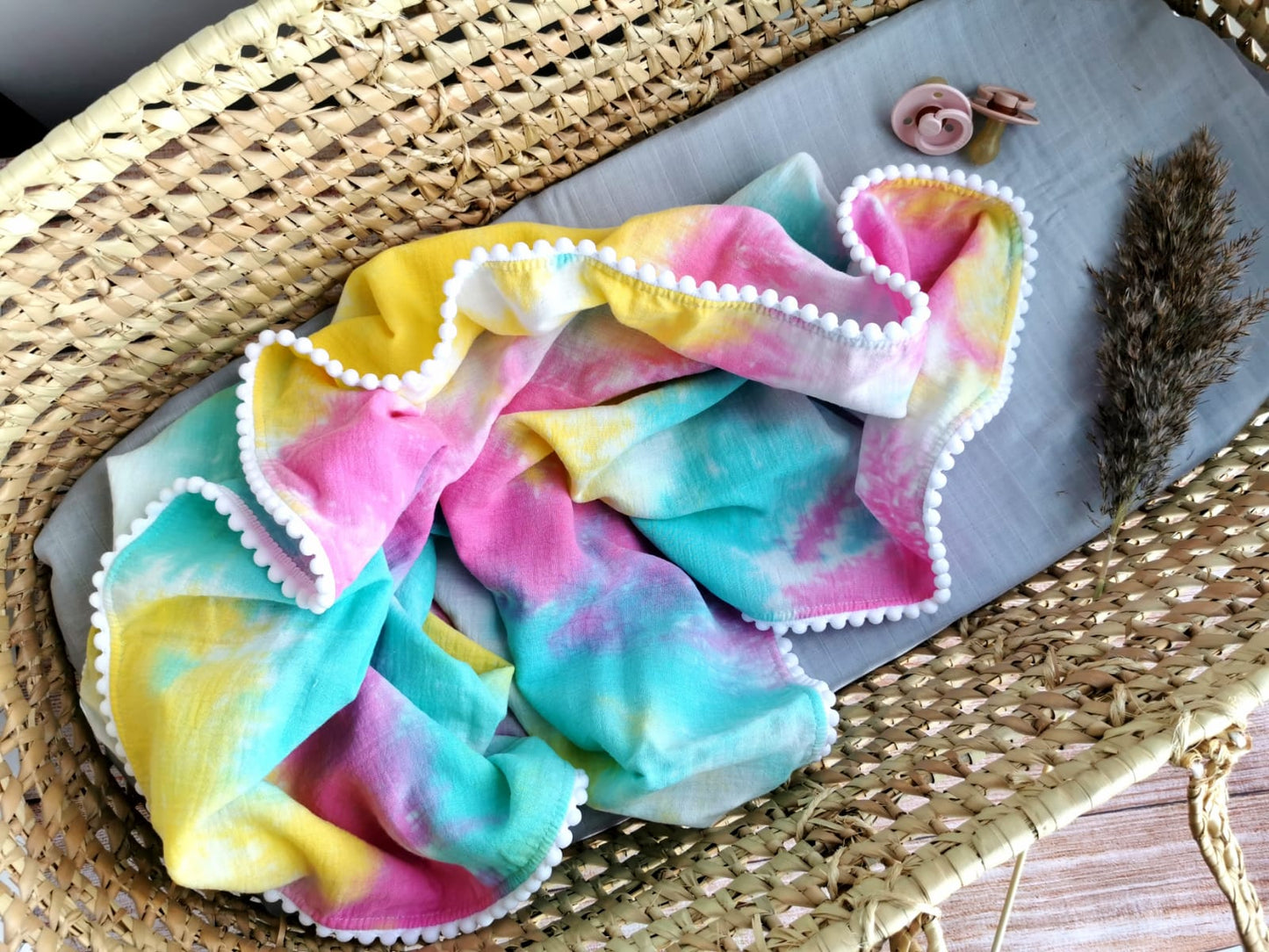 Organic Cotton muslin Pom Pom swaddle blanket - bright pastel colors