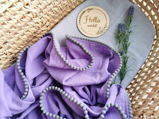 Organic Cotton muslin Pom Pom swaddle blanket - Bright lavender