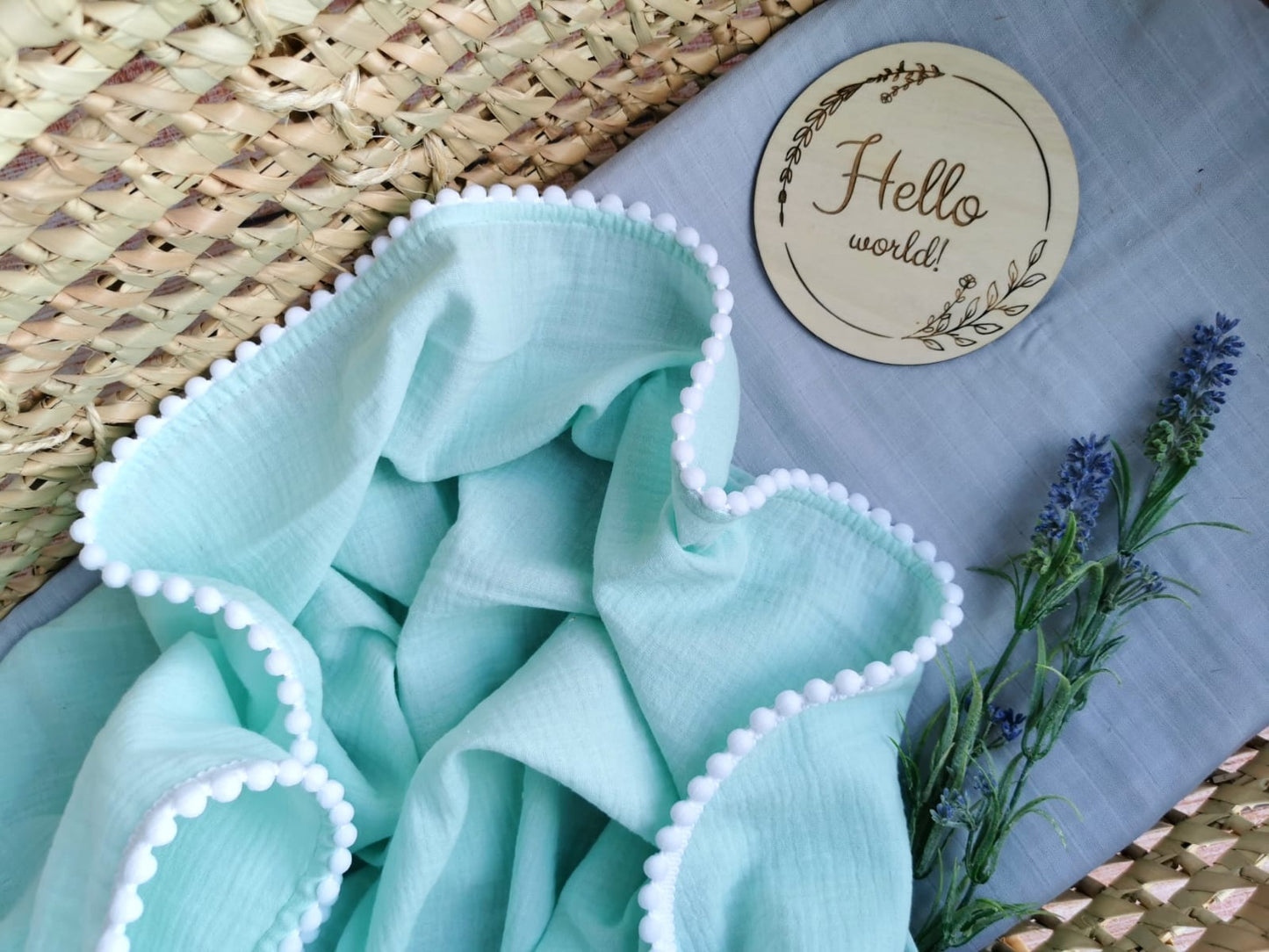 Organic Cotton muslin Pom Pom swaddle blanket - Mint