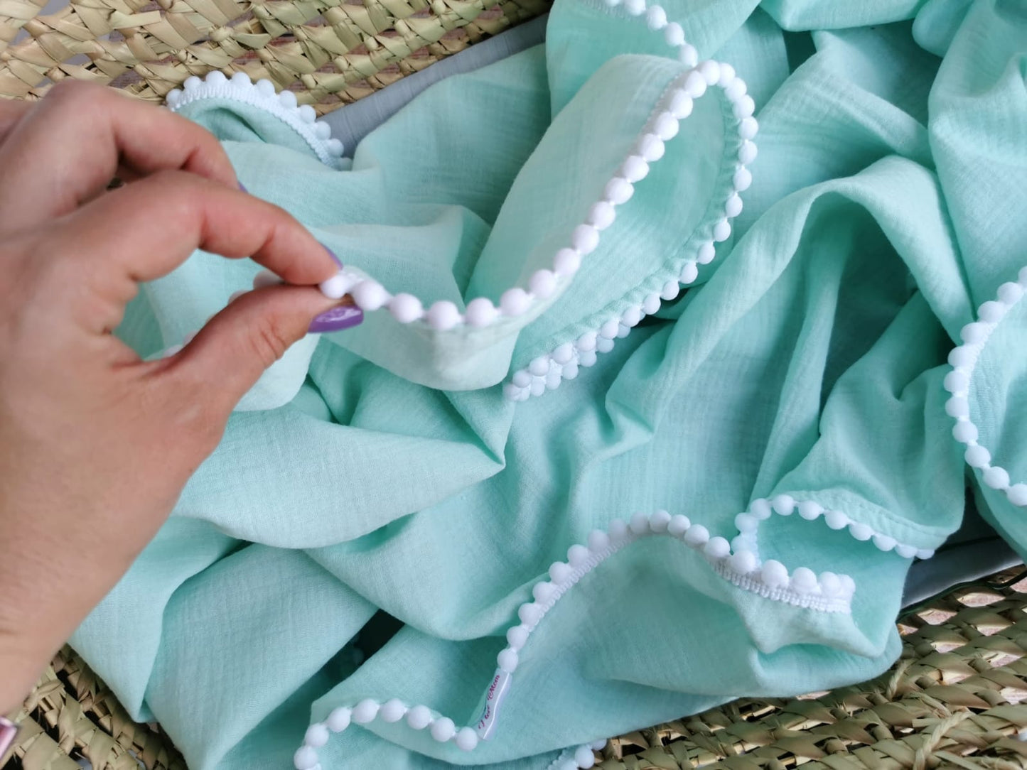 Organic Cotton muslin Pom Pom swaddle blanket - Mint