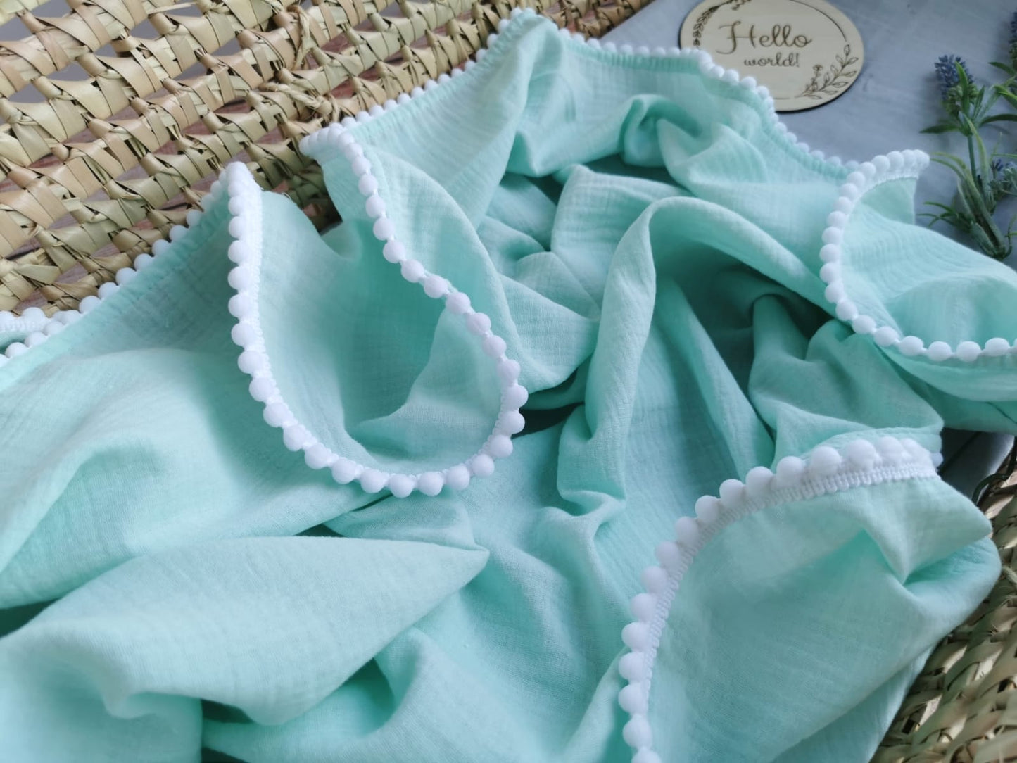 Organic Cotton muslin Pom Pom swaddle blanket - Mint