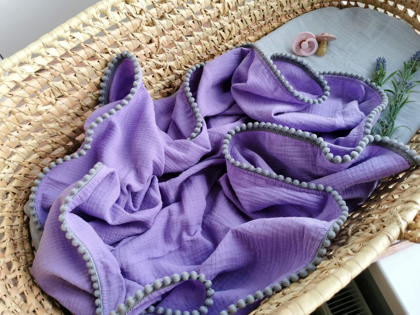 Organic Cotton muslin Pom Pom swaddle blanket - Bright lavender