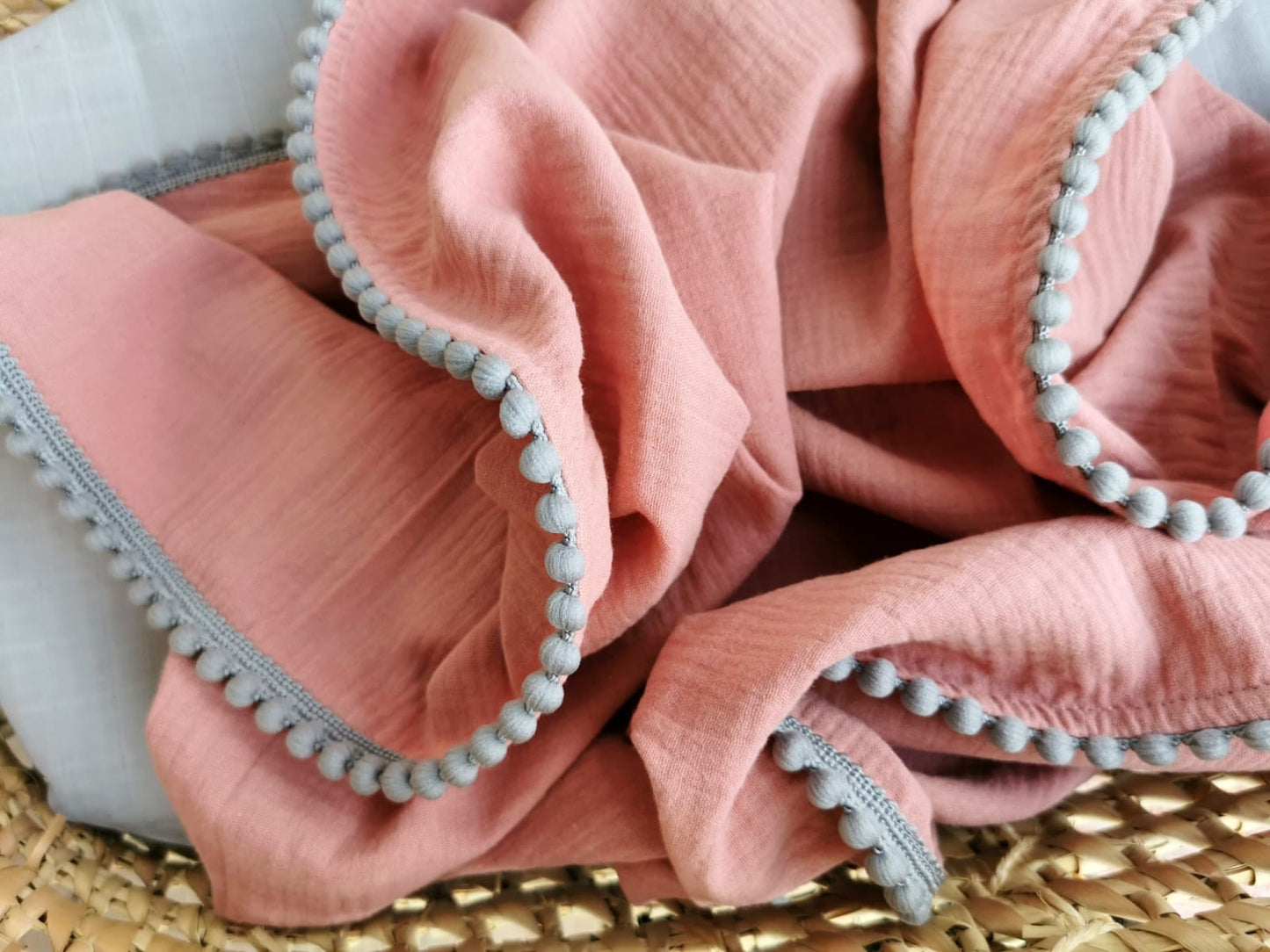 Organic Cotton muslin Pom Pom swaddle blanket - Old Pink