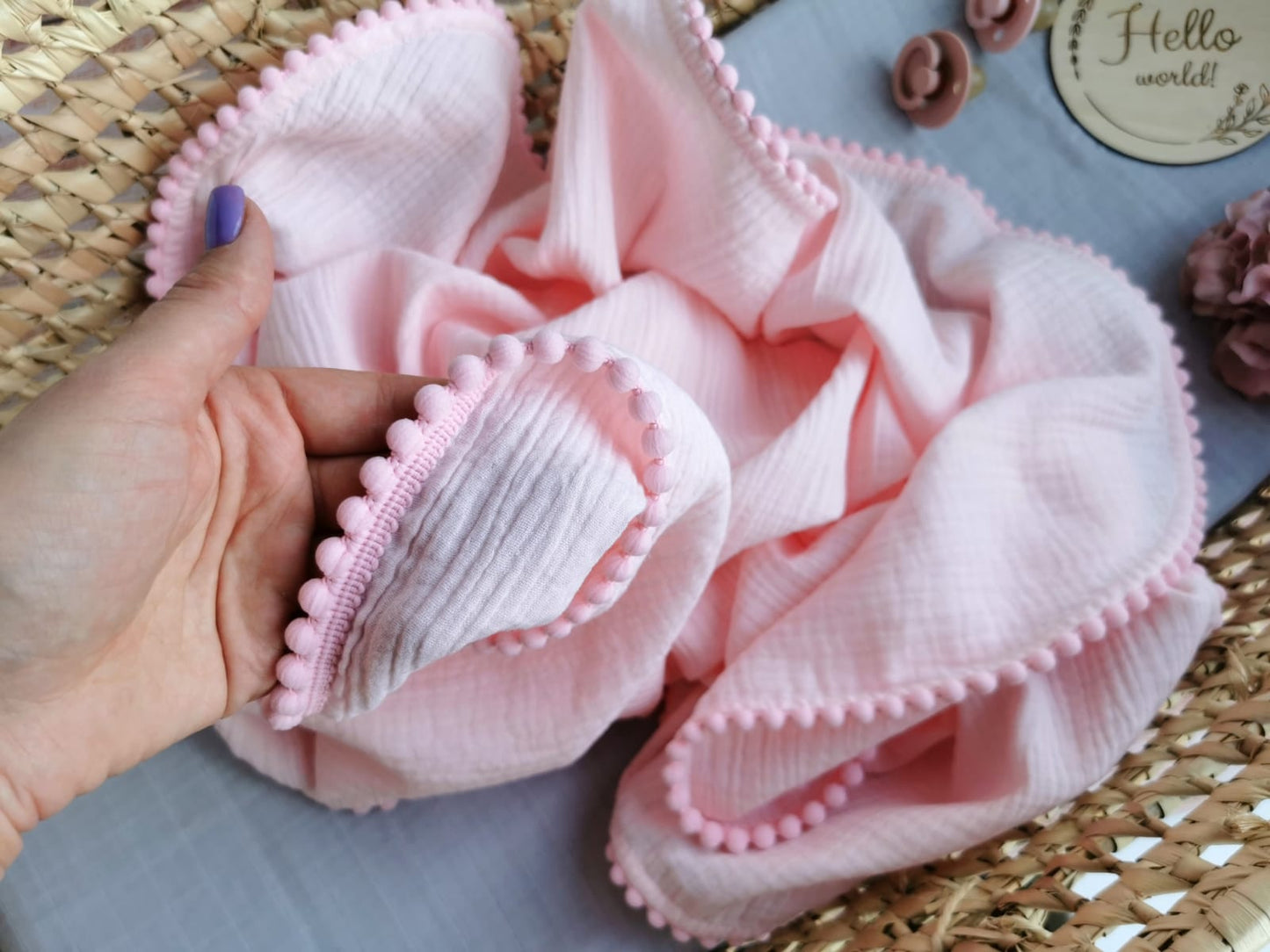 Organic Cotton muslin Pom Pom swaddle blanket - Light pink