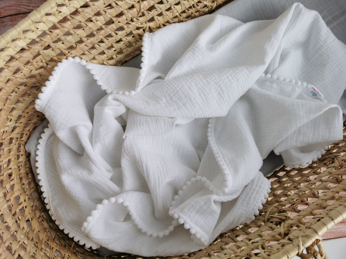 Organic Cotton muslin Pom Pom swaddle blanket - Snow white