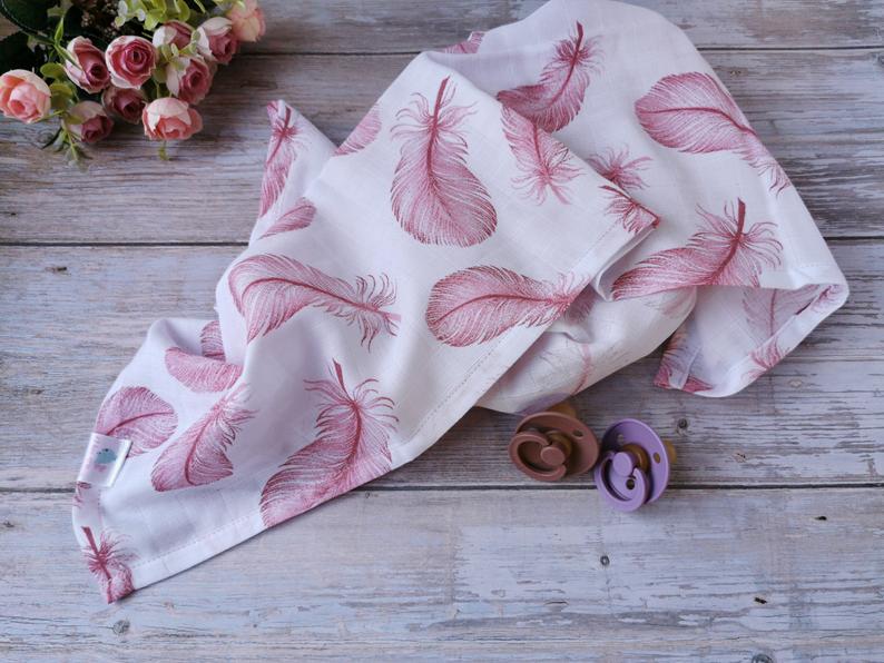 Baby Muslin square 70x70cm or swaddle 120*120cm - pink feathers