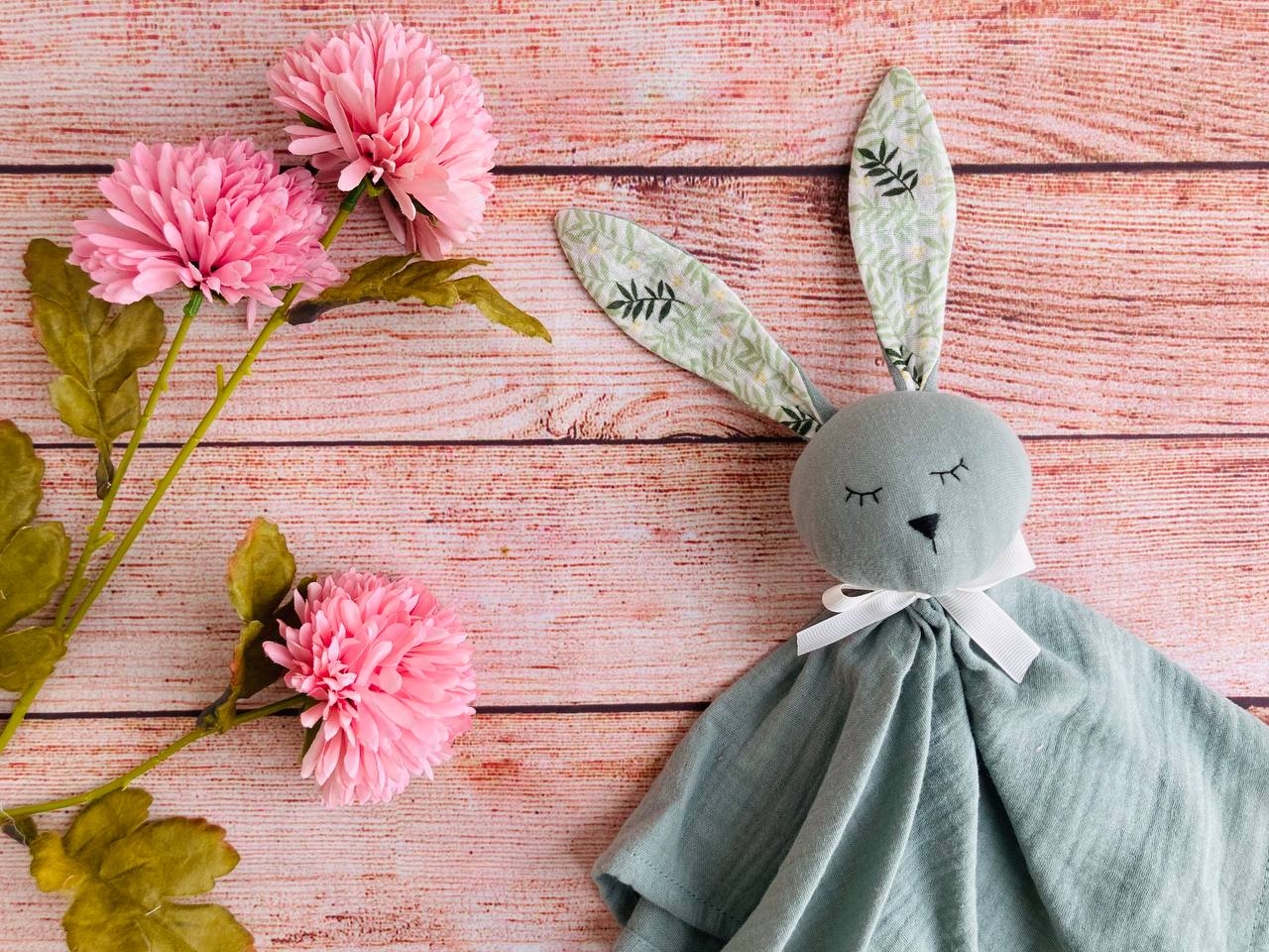 Muslin Baby Bunny lovey, baby comforter in sage green, Personalized new baby gift