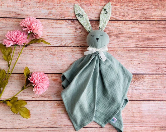 Muslin Baby Bunny lovey, baby comforter in sage green, Personalized new baby gift