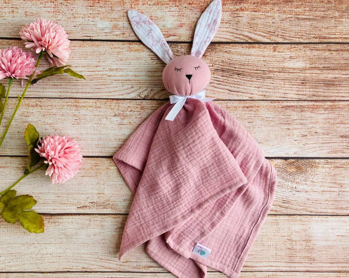 Muslin Baby comforter, Bunny baby lovey in pink, Personalized new baby gift