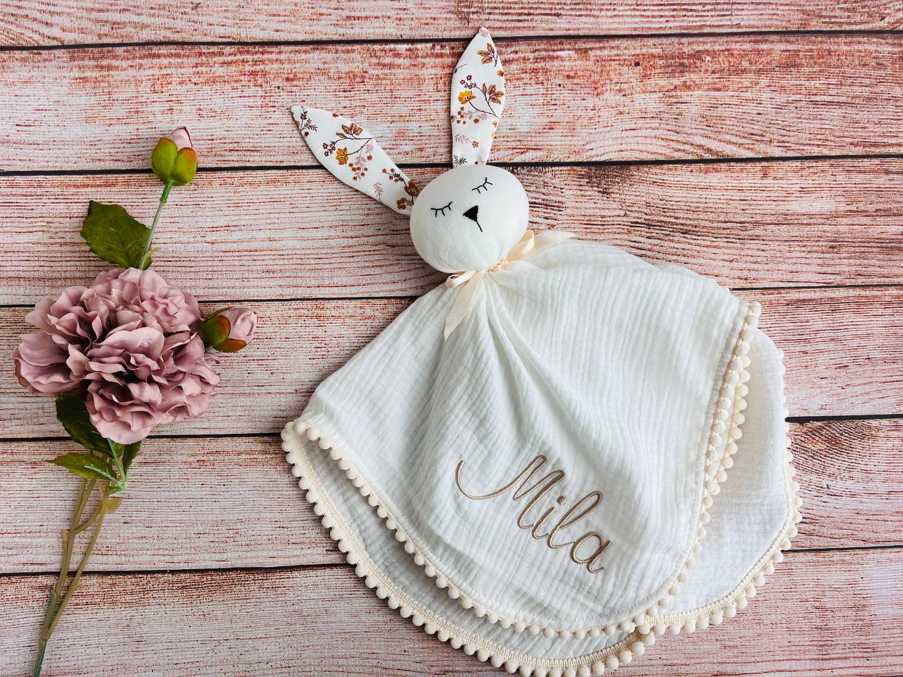 Muslin Baby comforter, Bunny baby lovey in pink, Personalized new baby gift