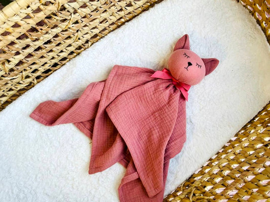 Double gauze Baby Animal comforter Cat in old pink, Personalized baby gift