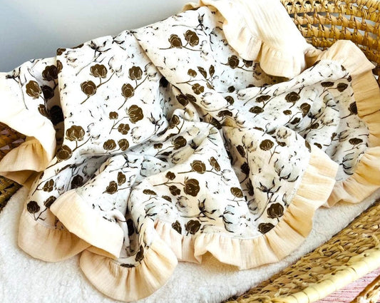 Muslin baby blanket with ruffles - Cotton print