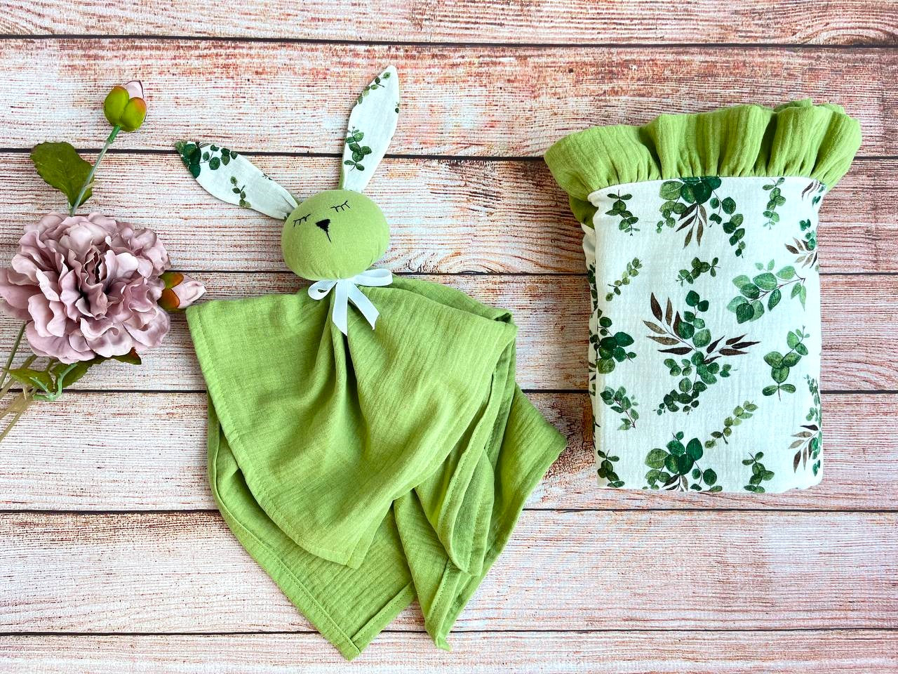 Muslin Baby comforter, Bunny baby lovey in olive green, Personalized baby gift