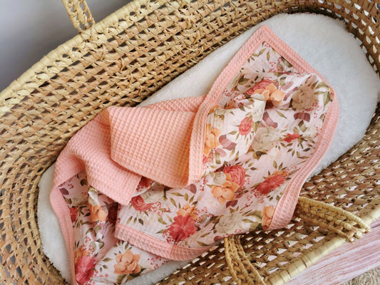 Waffle baby blanket - Peach and Summer flower print cotton