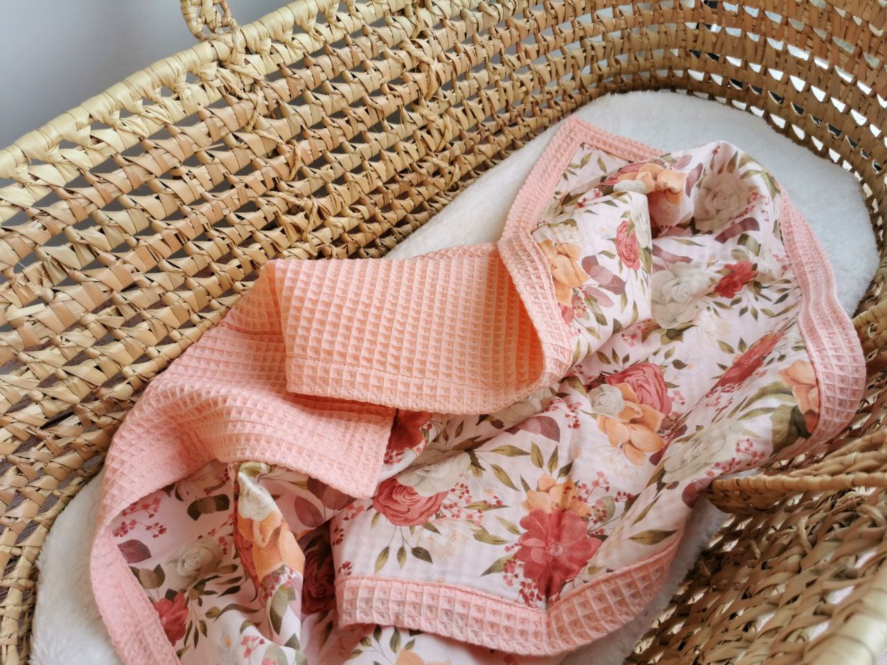 Waffle baby blanket - Peach and Summer flower print cotton